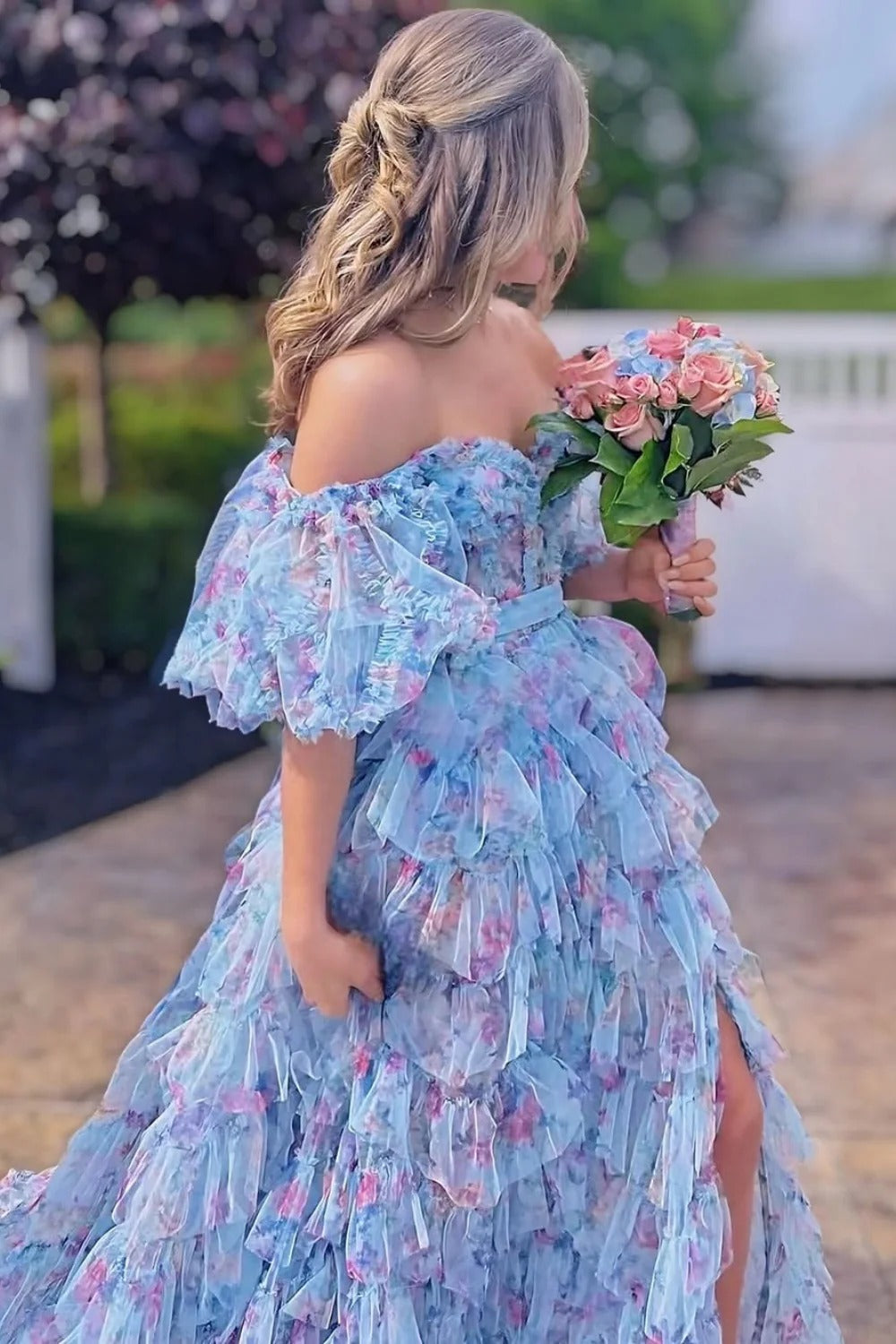 Light Blue Floral Ruffled Prom Gown – Off-the-Shoulder Tiered Tulle Dress with Slit & Train