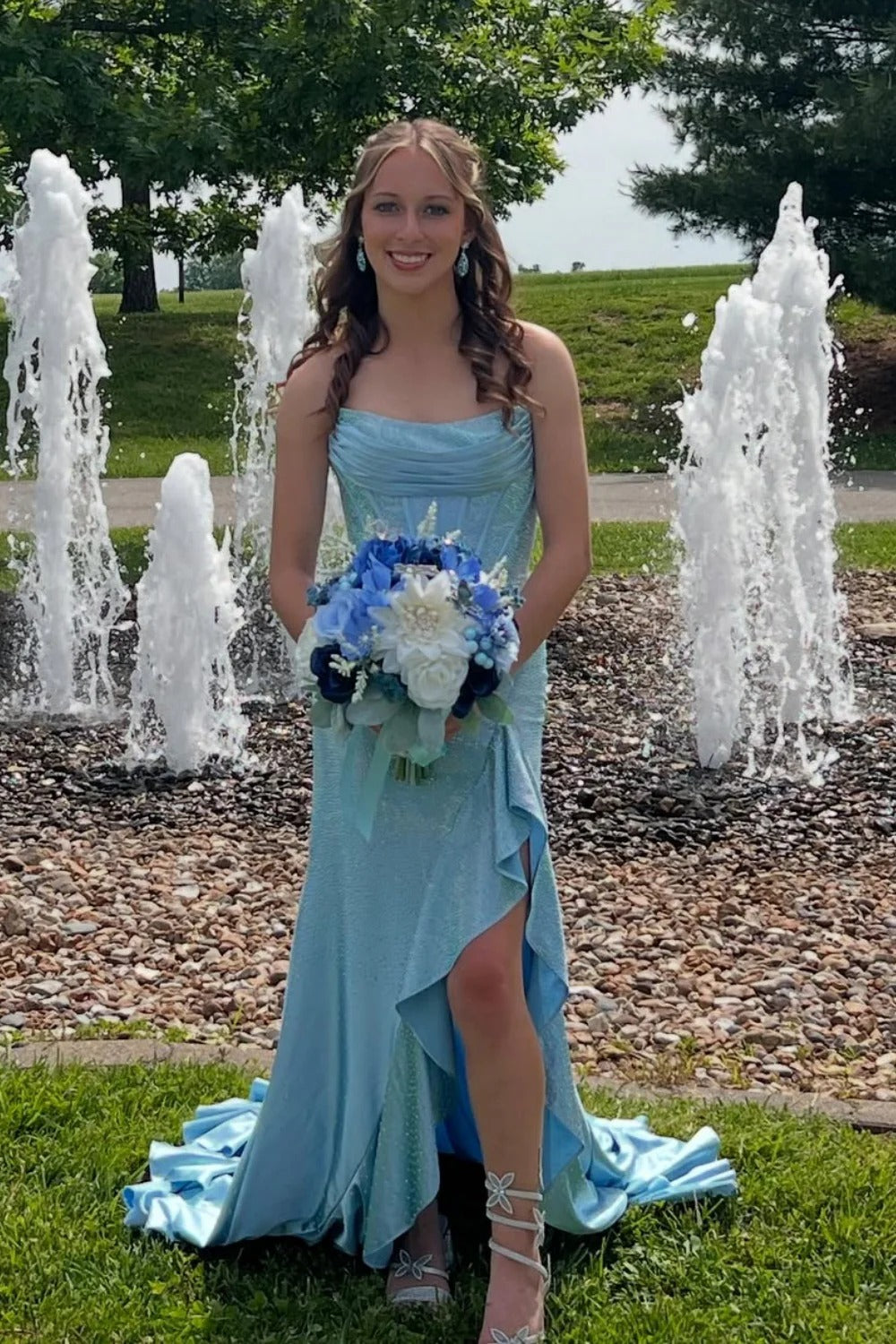 Light Blue Glitter Mermaid Gown – Strapless Lace-Up Back Prom Dress with Slit and Train