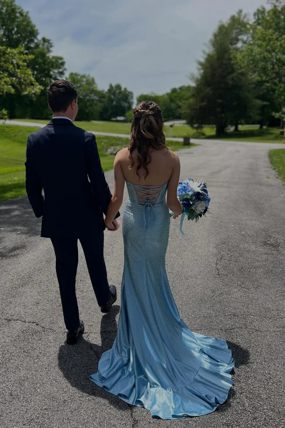 Light Blue Glitter Mermaid Gown – Strapless Lace-Up Back Prom Dress with Slit and Train