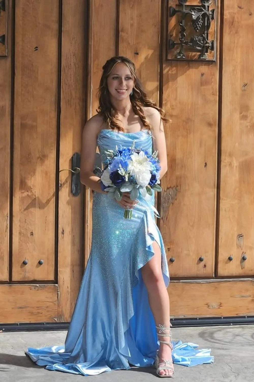 Light Blue Glitter Mermaid Gown – Strapless Lace-Up Back Prom Dress with Slit and Train