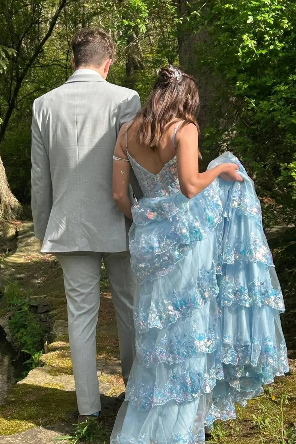 Light Blue Iridescent Floral Tiered Prom Gown with Open Back