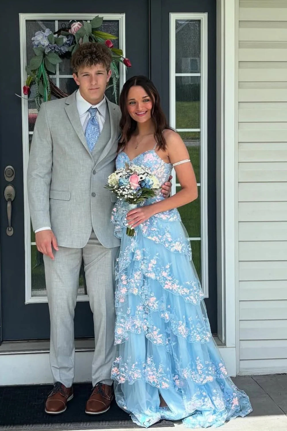 Light Blue Iridescent Floral Tiered Prom Gown with Open Back