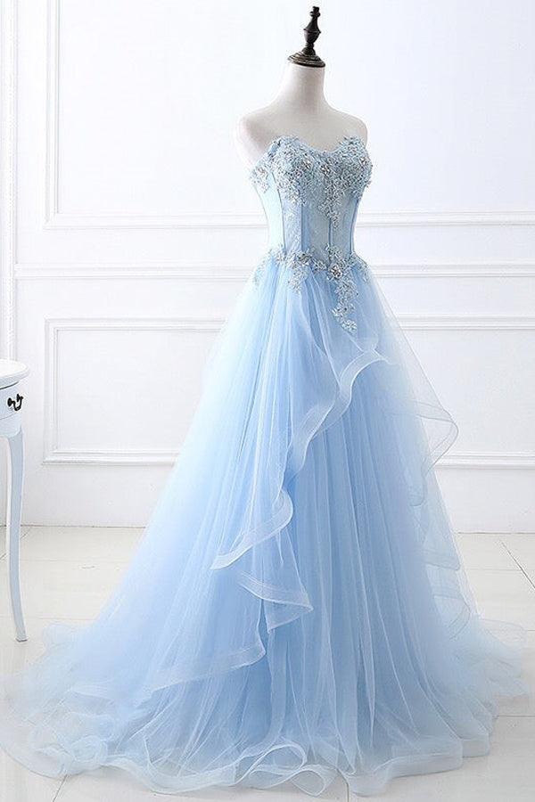 Light Blue Lace-Up Back Tulle Prom Gown – Applique Corset A-Line Formal Dress with Train