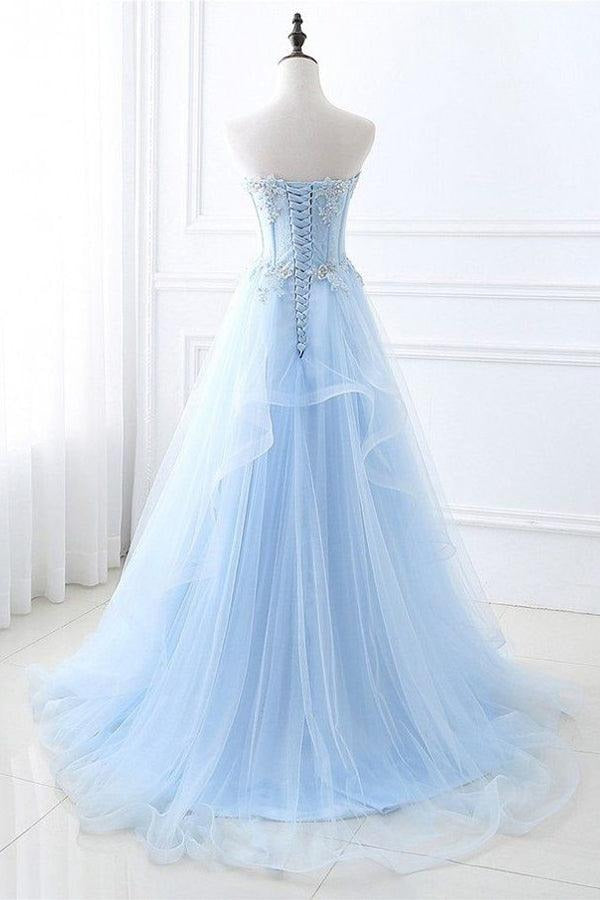 Light Blue Lace-Up Back Tulle Prom Gown – Applique Corset A-Line Formal Dress with Train