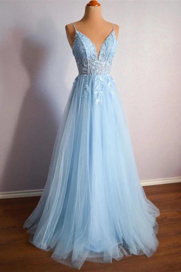 Light Blue Lace Applique Tulle A-Line Prom Gown – V-Neck Lace-Up Back Formal Dress with Train