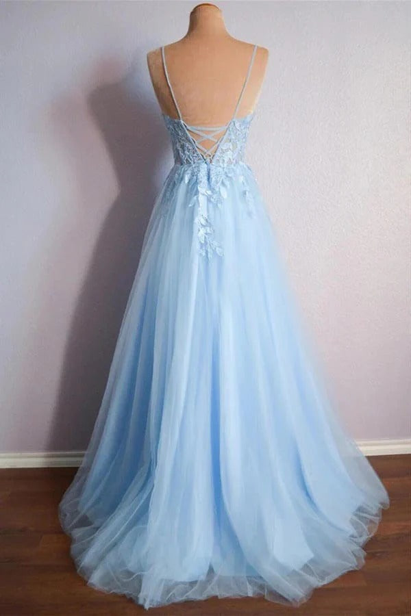 Light Blue Lace Applique Tulle A-Line Prom Gown – V-Neck Lace-Up Back Formal Dress with Train