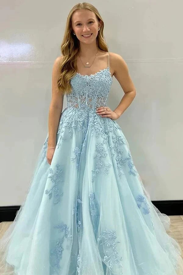 Light Blue Lace Applique Tulle Ball Gown – Spaghetti Strap Lace-Up Back Prom Formal Dress