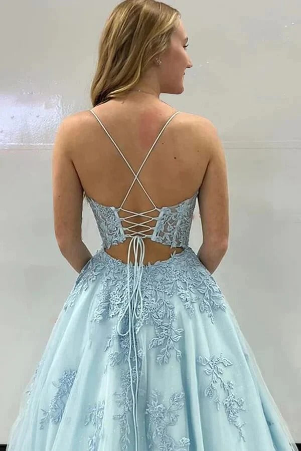 Light Blue Lace Applique Tulle Ball Gown – Spaghetti Strap Lace-Up Back Prom Formal Dress