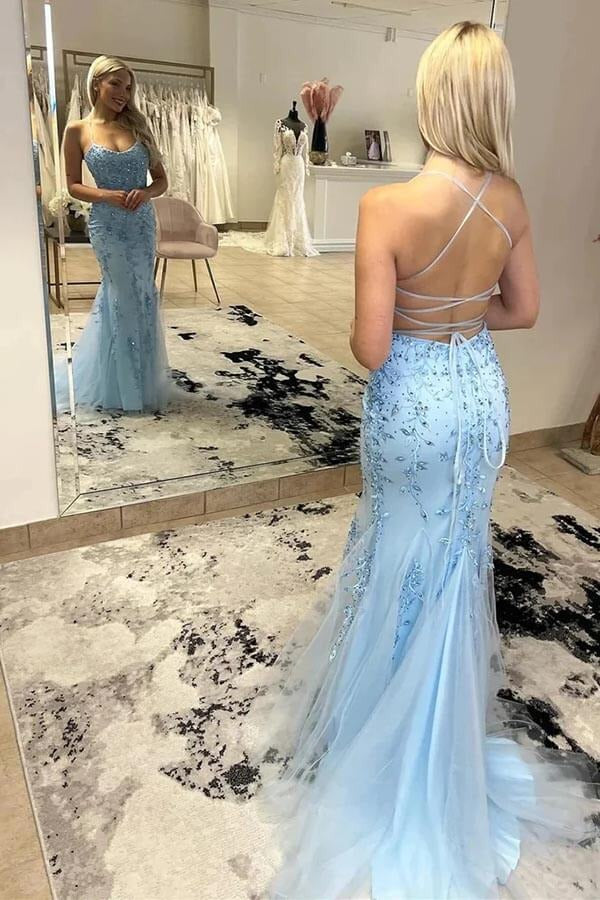 Light Blue Lace Beaded Mermaid Prom Gown – Spaghetti Strap Lace-Up Back Formal Dress with Train