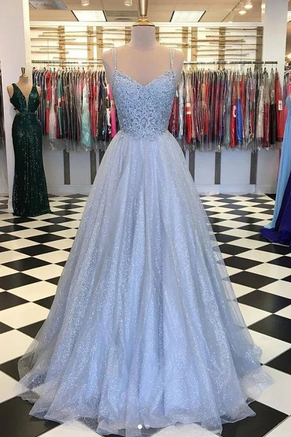 Light Blue Lace Glitter Tulle Ball Gown with Spaghetti Straps