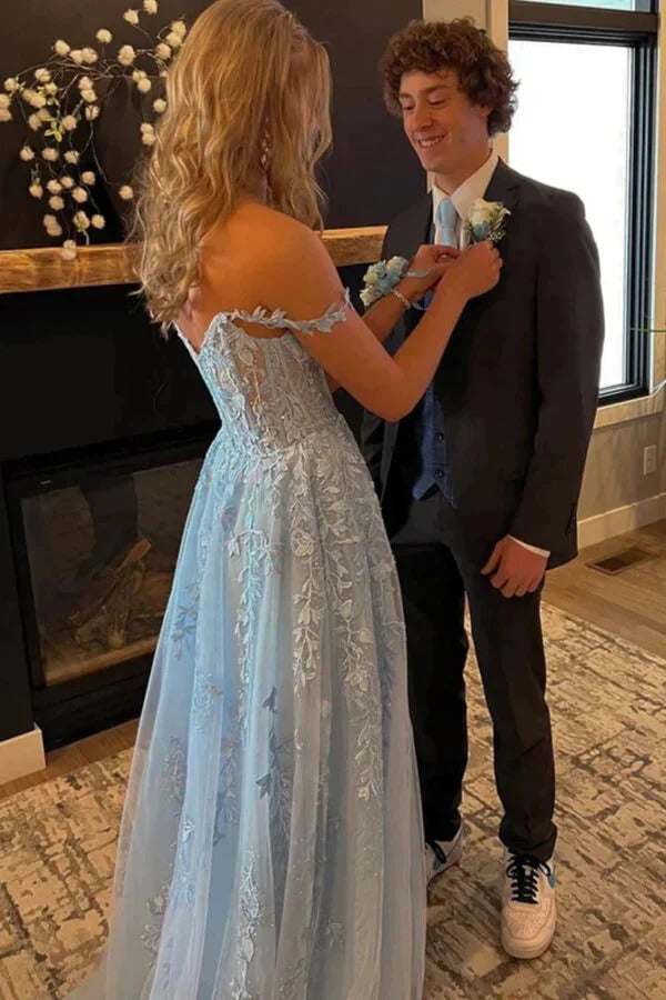 Light Blue Off-the-Shoulder Lace Appliqué Tulle Maxi Gown