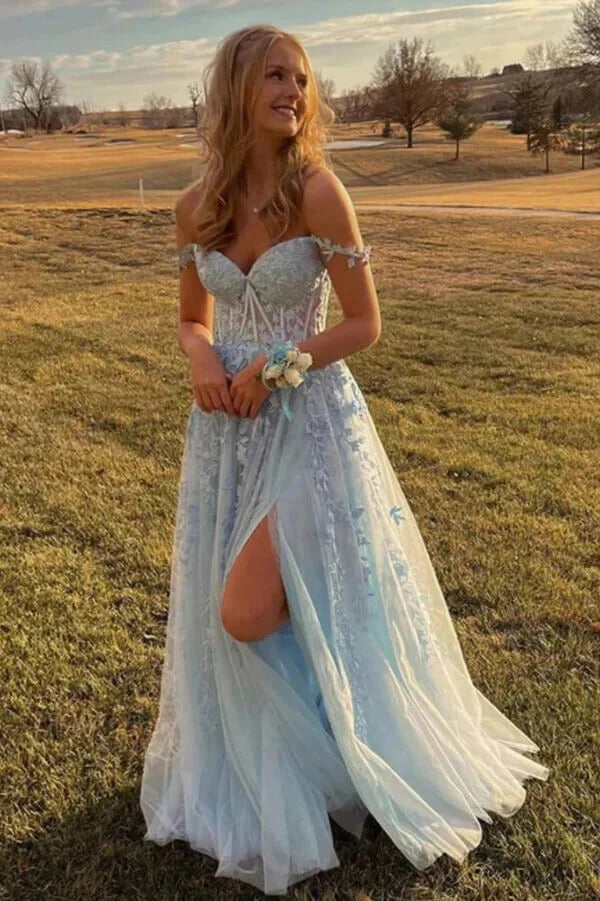 Light Blue Off-the-Shoulder Lace Appliqué Tulle Maxi Gown