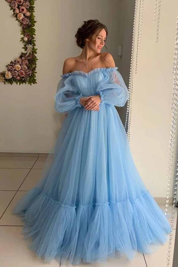 Light Blue Off-the-Shoulder Puff Sleeve Tulle Ball Gown