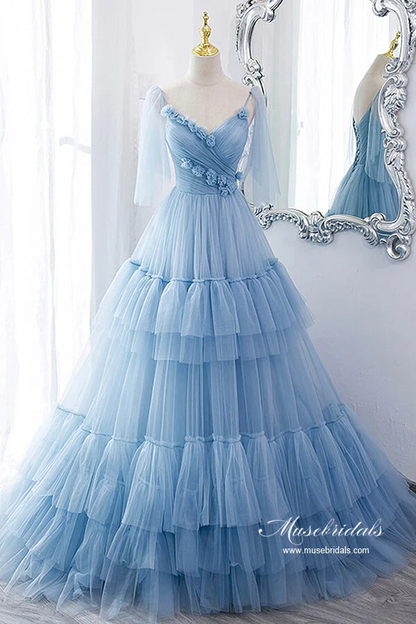 Light Blue Ruffle Tulle Lace-Up Back Prom Gown – 3D Floral Applique Formal Ball Gown