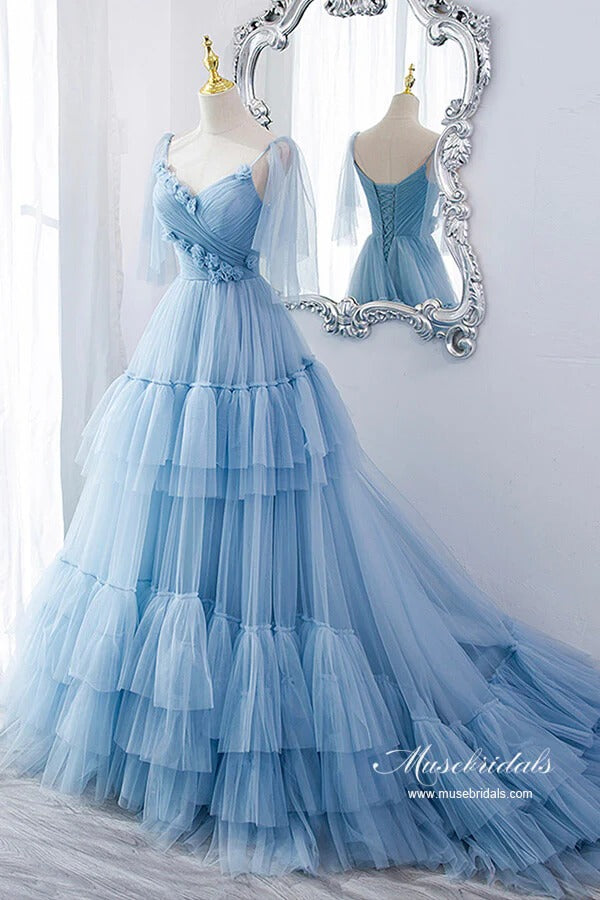 Light Blue Ruffle Tulle Lace-Up Back Prom Gown – 3D Floral Applique Formal Ball Gown