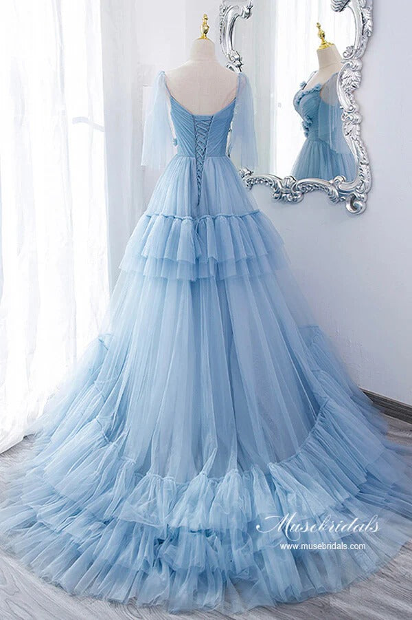 Light Blue Ruffle Tulle Lace-Up Back Prom Gown – 3D Floral Applique Formal Ball Gown