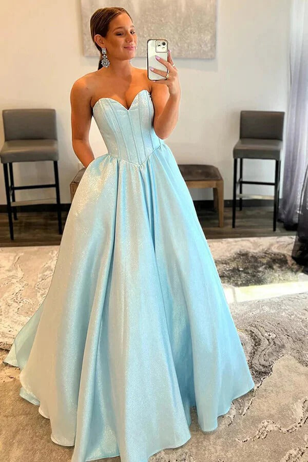 Light Blue Shimmer Satin Strapless Ball Gown – Sweetheart Corset Formal Prom Dress with Train
