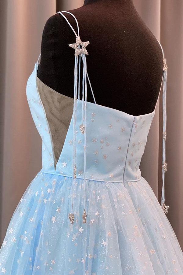 Light Blue Star Glitter Tulle A-Line Prom Gown – Square Neck Star Strap Formal Wedding Dress
