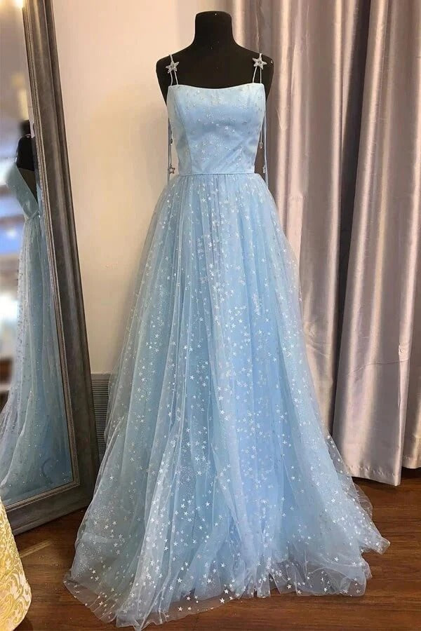 Light Blue Star Glitter Tulle A-Line Prom Gown – Square Neck Star Strap Formal Wedding Dress