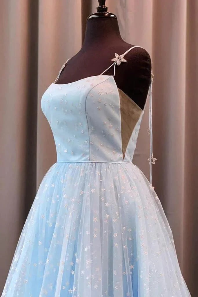 Light Blue Star Glitter Tulle A-Line Prom Gown – Square Neck Star Strap Formal Wedding Dress