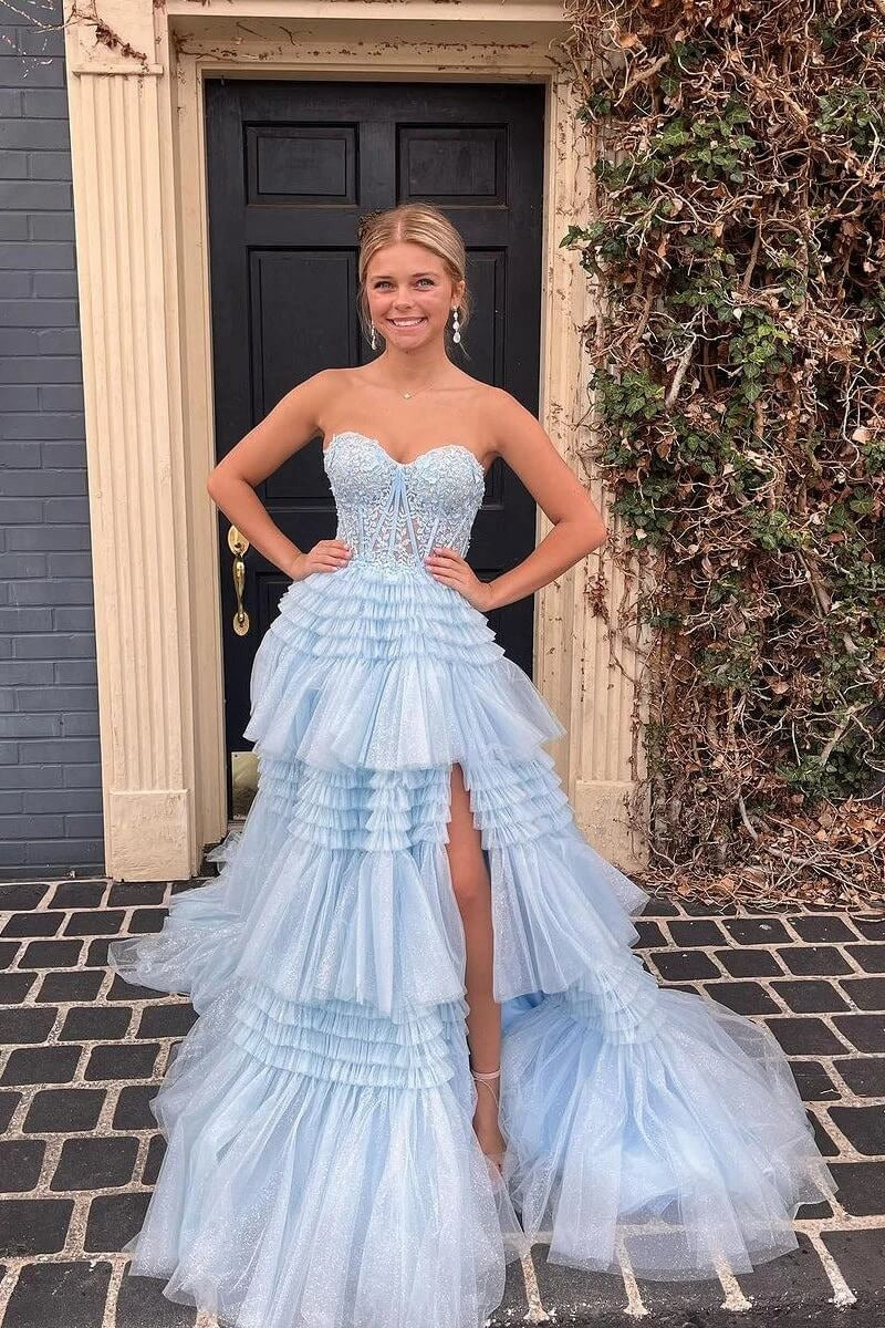 Light Blue Strapless Tiered Ruffle Tulle Prom Gown with High Slit