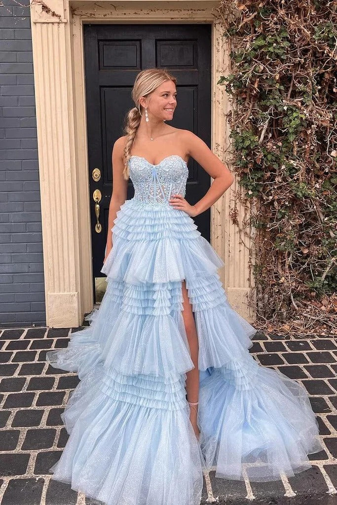 Light Blue Strapless Tiered Ruffle Tulle Prom Gown with High Slit