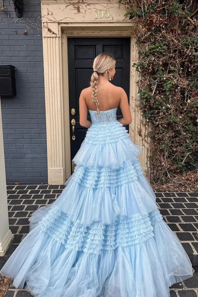 Light Blue Strapless Tiered Ruffle Tulle Prom Gown with High Slit