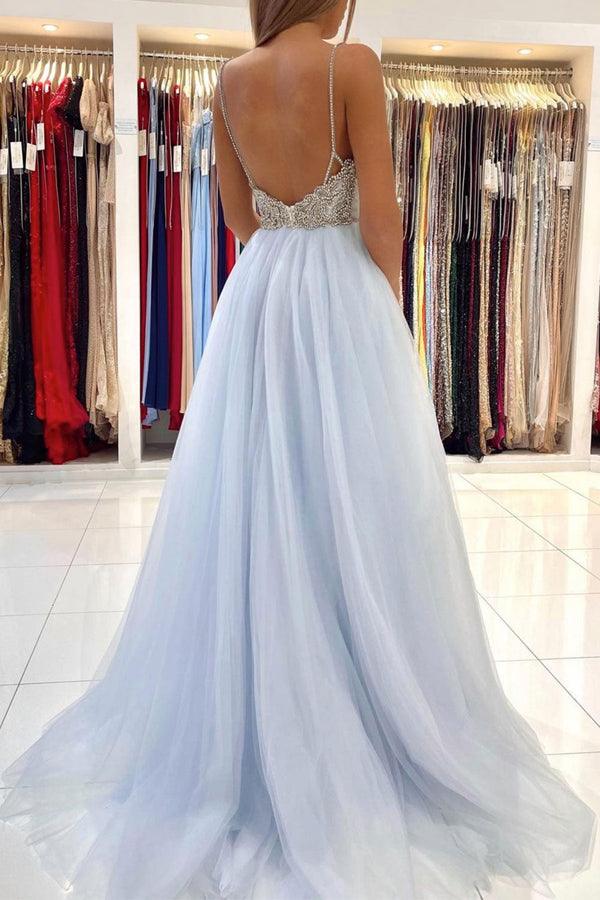 Hellblaues langes Ballkleid aus Tüll mit rückenfreiem Abschlussballkleid