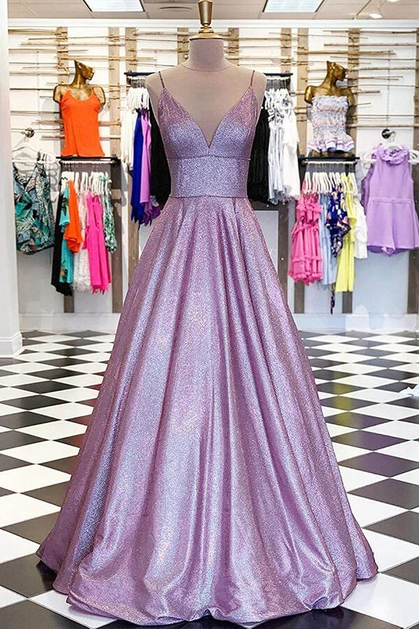 Lilac Glitter Satin Prom Gown – Spaghetti Strap Deep V-Neck A-Line Formal Dress