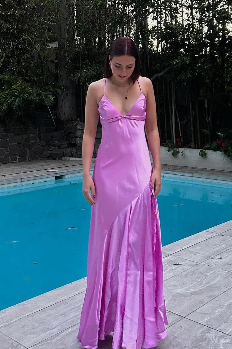 Lilac Satin Spaghetti Strap Evening Dress with Tie Back & Mermaid Hem