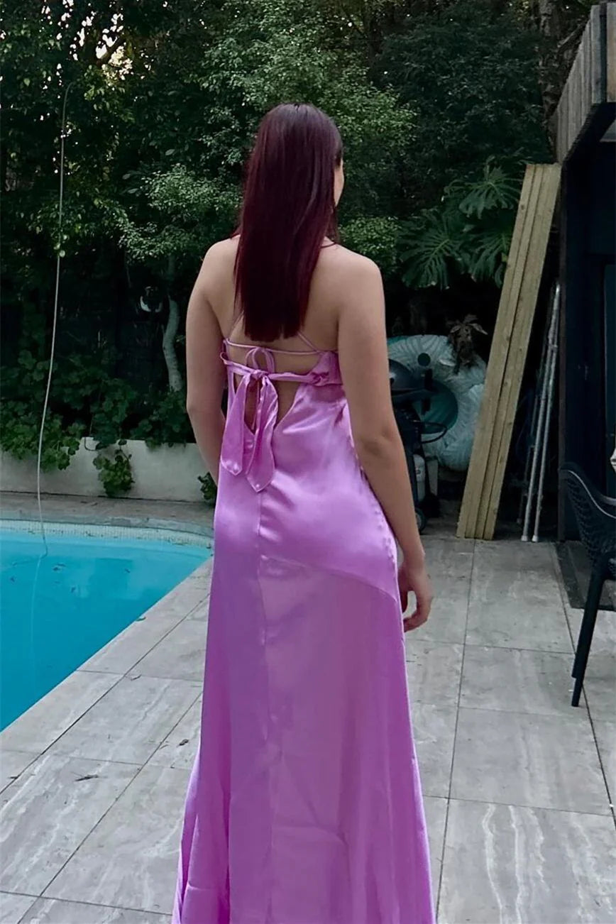 Lilac Satin Spaghetti Strap Evening Dress with Tie Back & Mermaid Hem