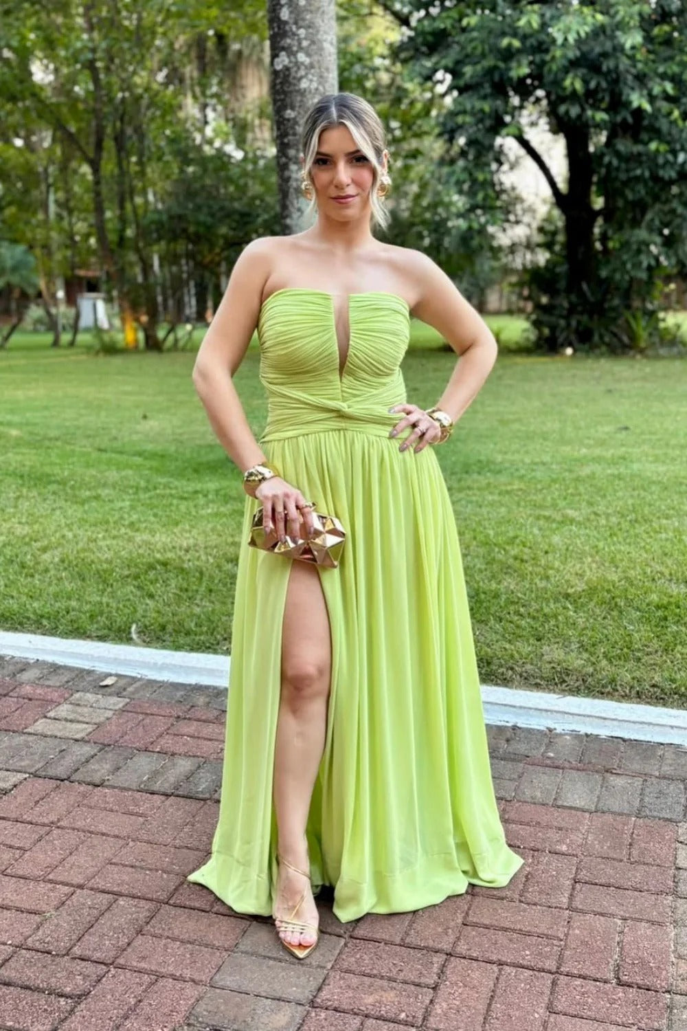 Lime Green Strapless Plunge High Slit Maxi Dress – Formal Gala Gown