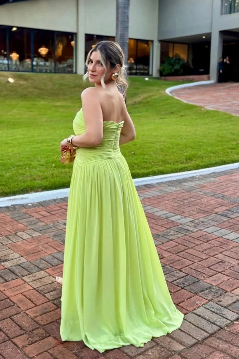 Lime Green Strapless Plunge High Slit Maxi Dress – Formal Gala Gown