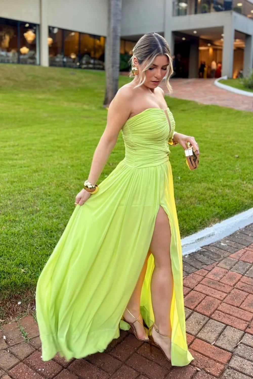 Lime Green Strapless Plunge High Slit Maxi Dress – Formal Gala Gown