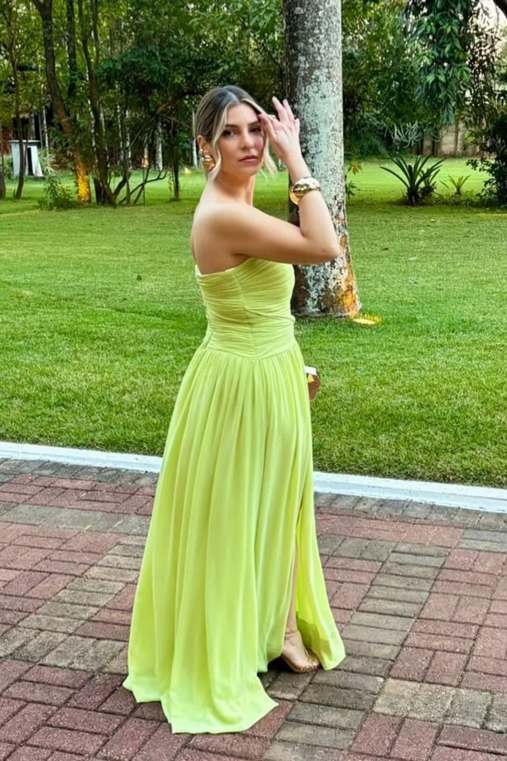 Lime Green Strapless Plunge High Slit Maxi Dress – Formal Gala Gown