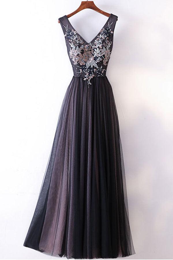 Mature long ball dress with V-neck shoulder strap and A-line embroidery backless gray prom dress