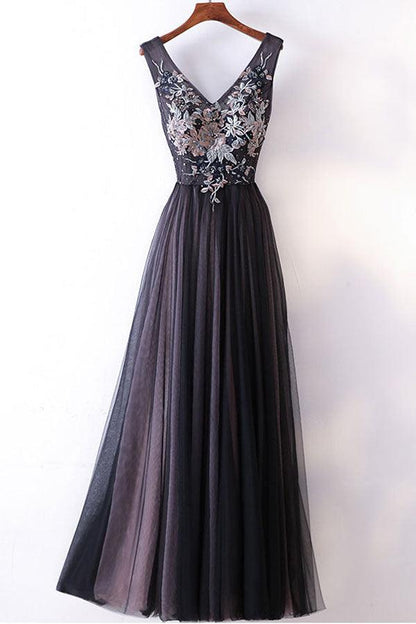 Mature long ball dress with V-neck shoulder strap and A-line embroidery backless gray prom dress
