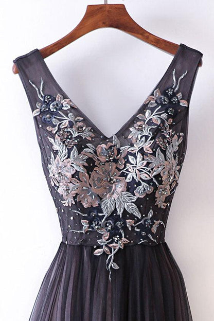 Mature long ball dress with V-neck shoulder strap and A-line embroidery backless gray prom dress