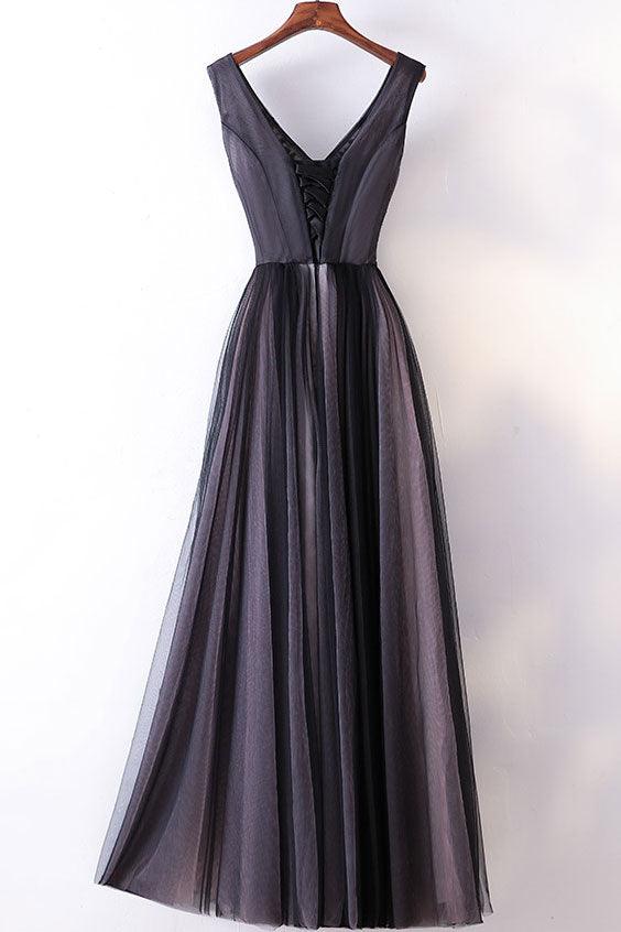 Mature long ball dress with V-neck shoulder strap and A-line embroidery backless gray prom dress