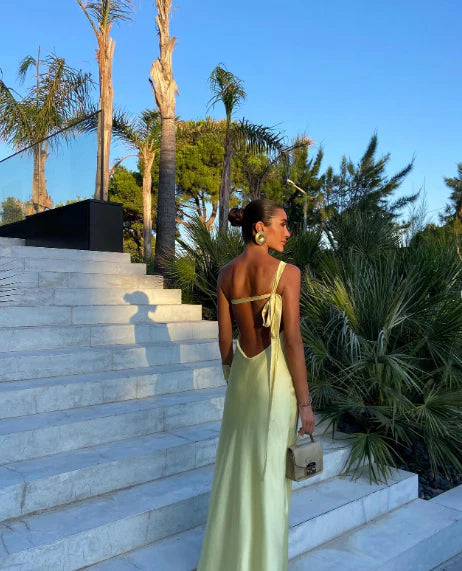 Luminous Satin Prom Dresses with One-Shoulder Neckline, Open Back Tie Detail and Floor-Length Skirt Formal Gown