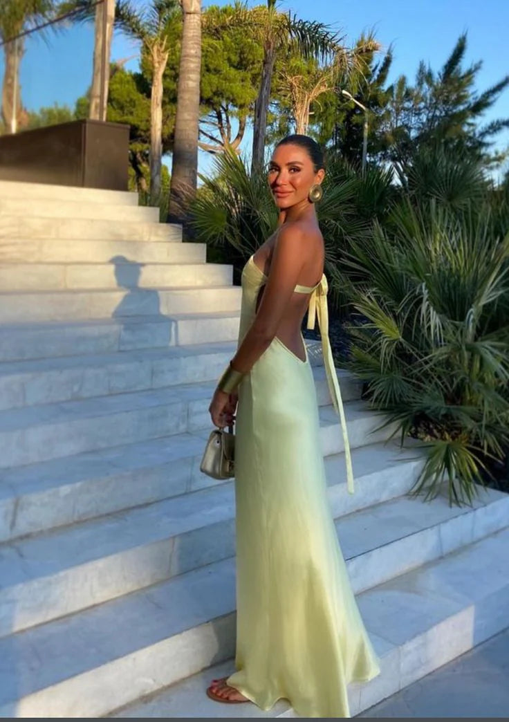 Luminous Satin Prom Dresses with One-Shoulder Neckline, Open Back Tie Detail and Floor-Length Skirt Formal Gown