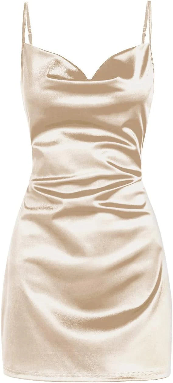 Luxe Sheath Cowl-Neck Thin-Strap Ruched Satin Mini Prom Dress