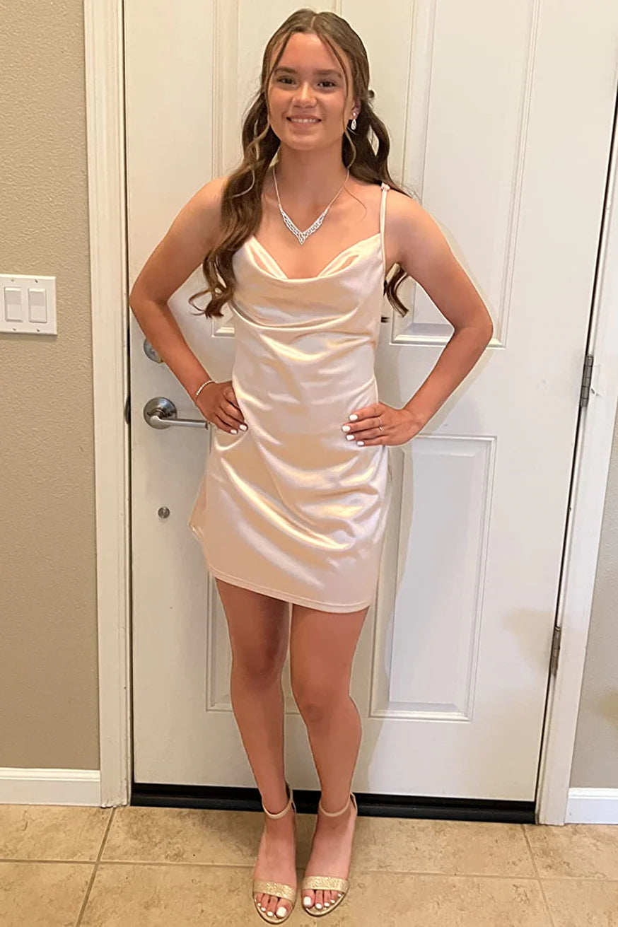 Luxe Sheath Cowl-Neck Thin-Strap Ruched Satin Mini Prom Dress