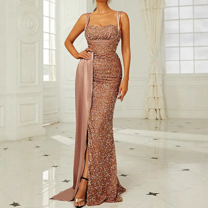 Luxe Rose Gold Sequin Spaghetti-Strap Drape-Train Mermaid Evening Dress
