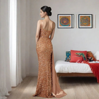 Luxe Rose Gold Sequin Spaghetti-Strap Drape-Train Mermaid Evening Dress