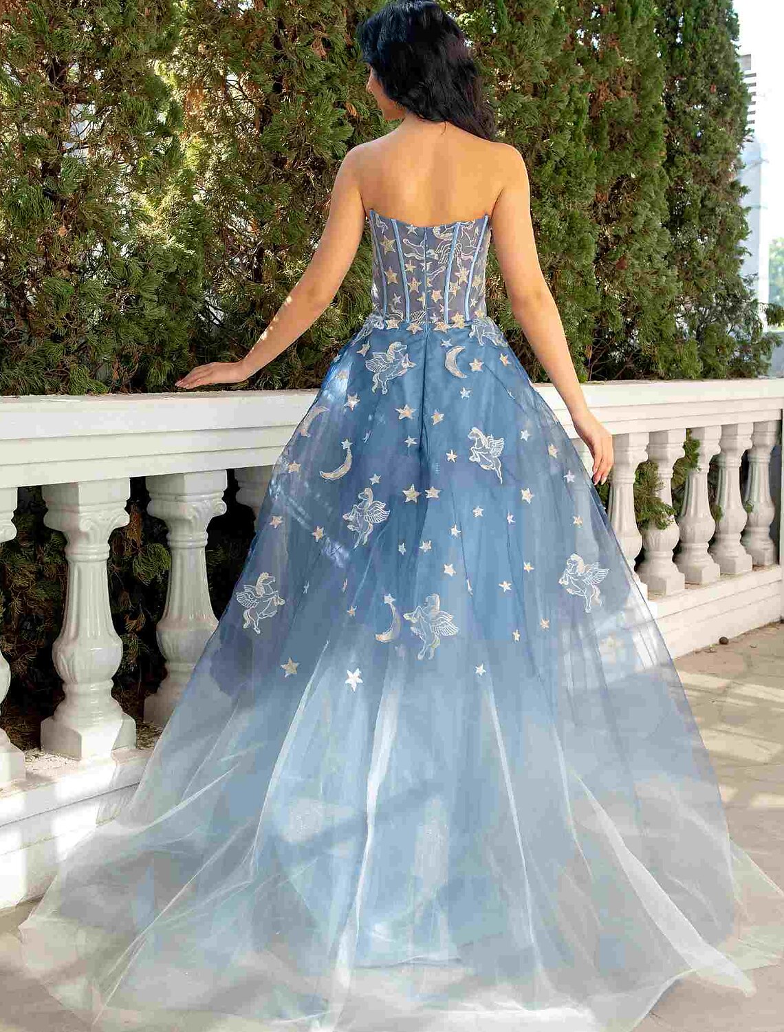 Back view of Luxurious Strapless Ball Gown Prom Dress with Lace Sequin Appliques.