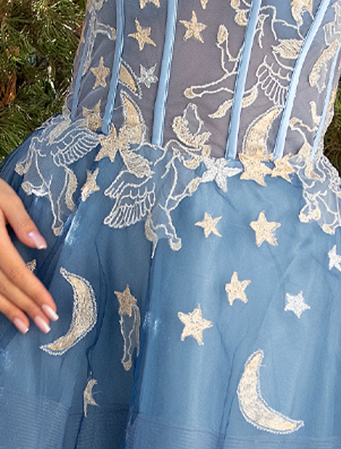 Full skirt of Luxurious Strapless Ball Gown Prom Dress with Lace Sequin Appliques.