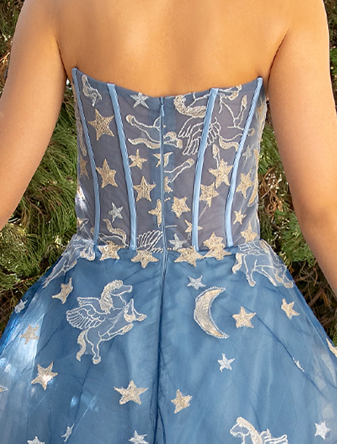 Intricate Lace Sequin Appliques on Luxurious Strapless Ball Gown Prom Dress.
