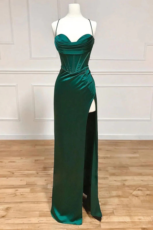Luxurious Emerald Green Satin Spaghetti-Strap Sweetheart Crisscross-Back High-Slit Maxi Evening Dress