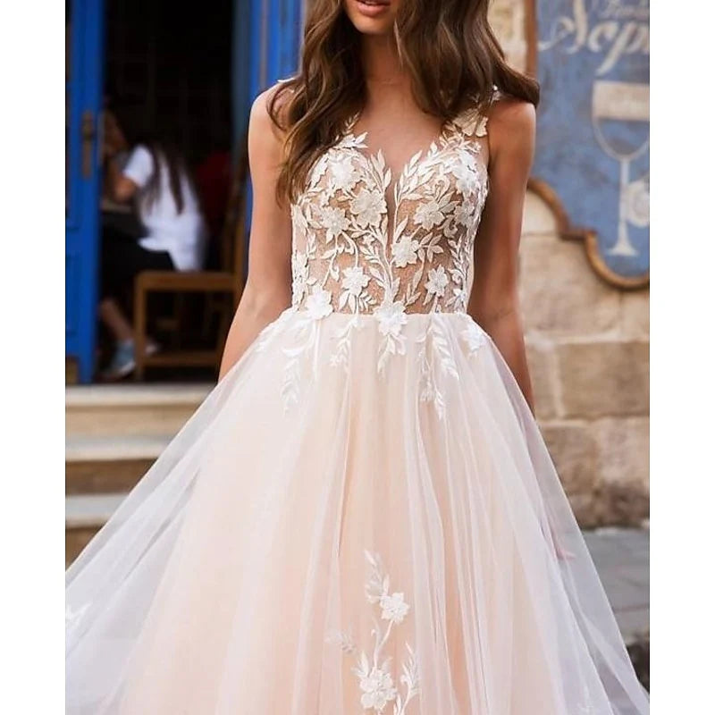 A-line/Princess Beach Wedding Dress V-neck Sleeveless Applique